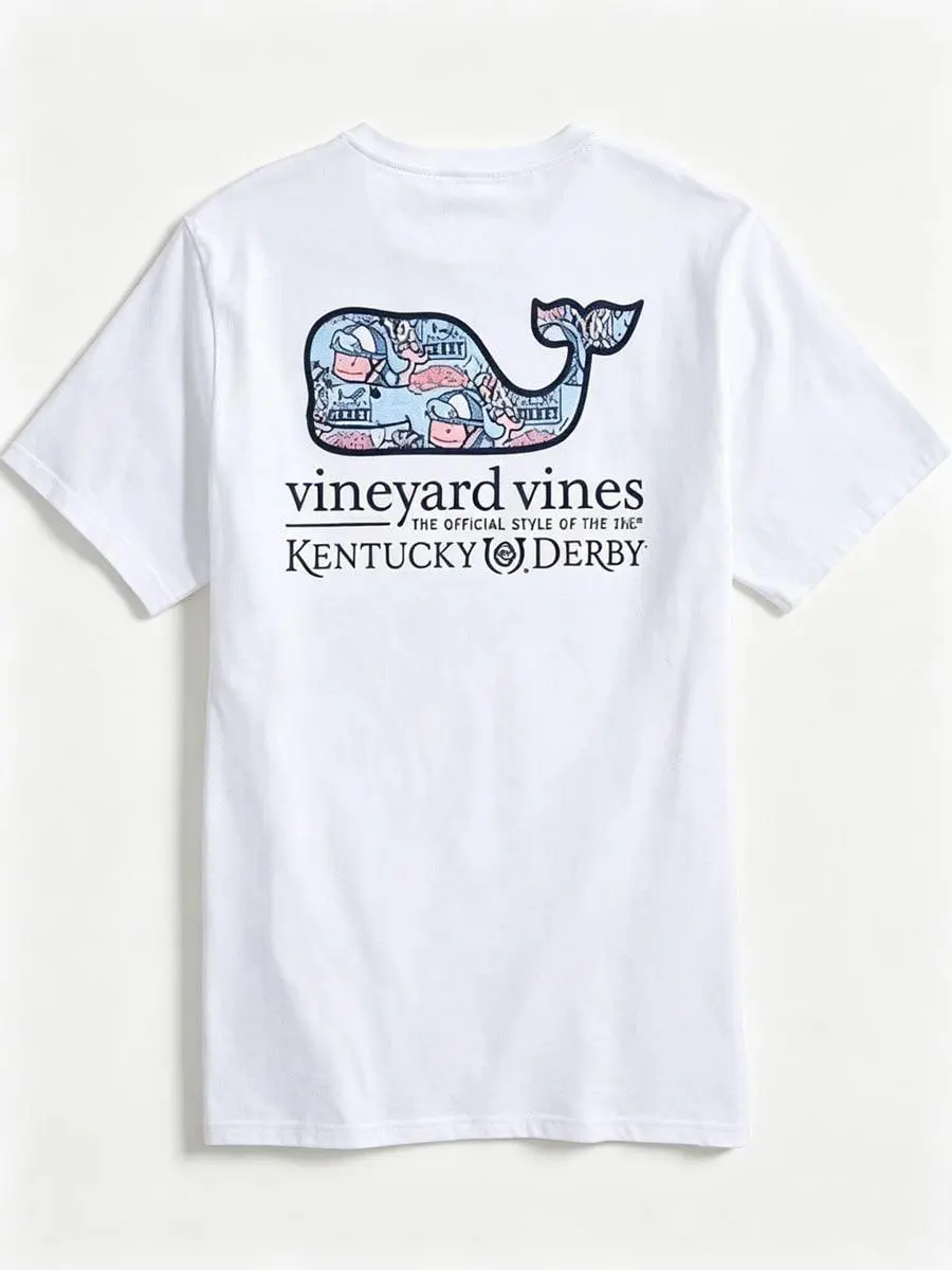 Vineyard Vines Men's Kentucky Derby Sticker Whale Fill Short-Sleeve Pocket Tee Pure Cotton T-Shirt-Fall/Winter Casual Vintage Style
