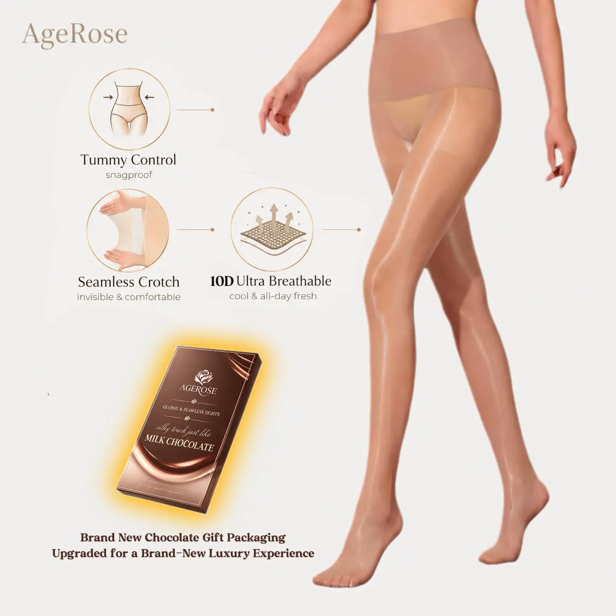 AgeRose Women's 10D Seamless Glossy Tights with Chocolate Bar Gift Packaging, High Waist Silky Sheer Pantyhose, Back to School Gift, College Outfits, Ultra Thin Shimmer Nylon Stockings, Anti-Snag Stretch Hosiery for Elegant Outfits