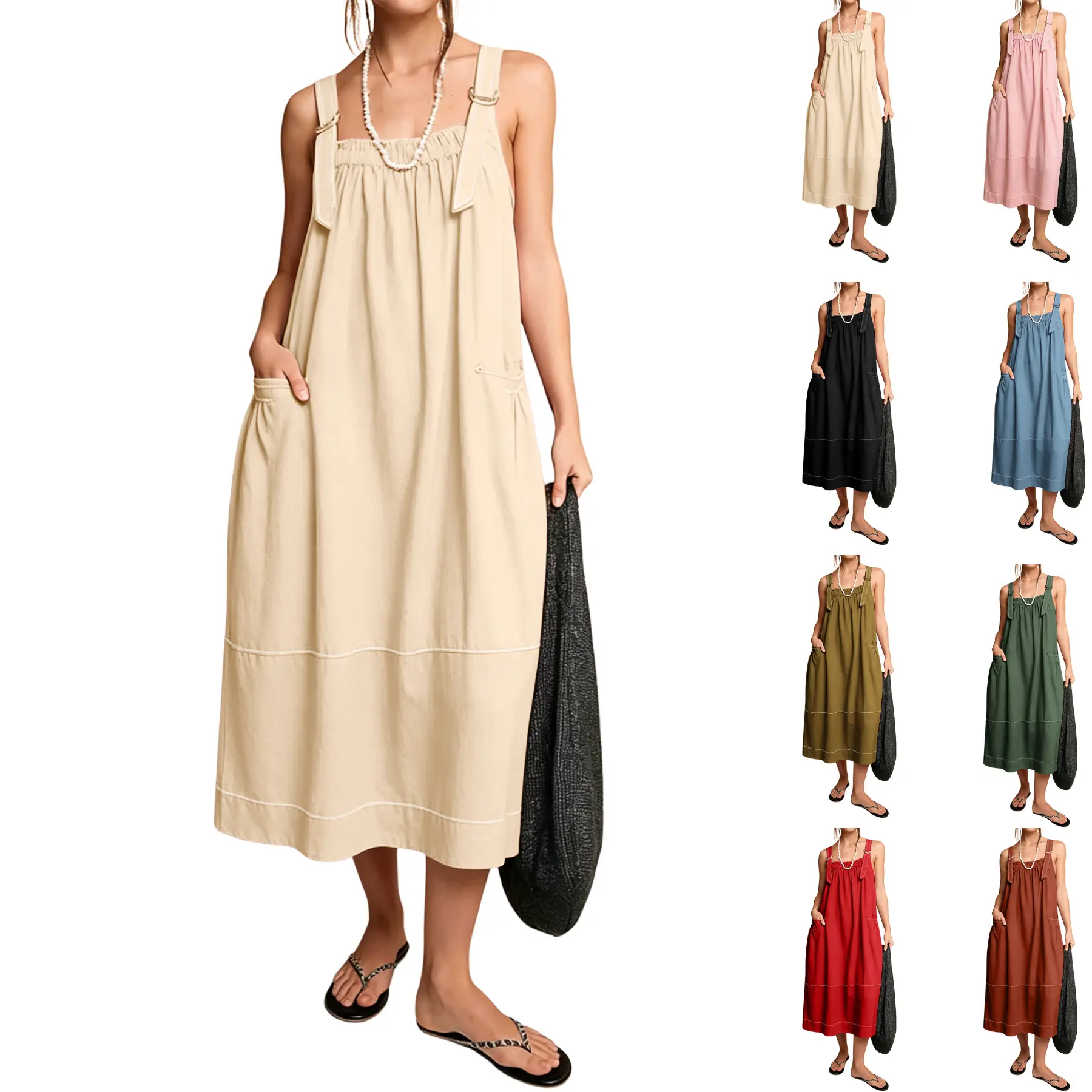 SCUSTY NEW COLORS ADDED Women's Overall Dress Plus Size Apricot Cotton Adjustable Straps Safari Maxi Jumper Barrel Midi Dress with Big Pockets for Summer Casual Wear