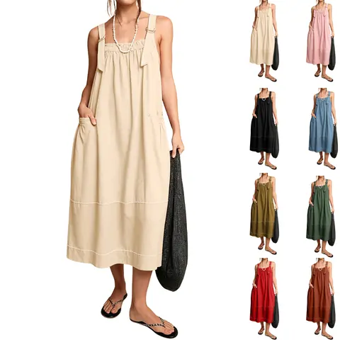 SCUSTY NEW COLORS ADDED Women's Overall Dress Plus Size Apricot Cotton Adjustable Straps Safari Maxi Jumper Barrel Midi Dress with Big Pockets for Summer Casual Wear