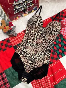 Women's Leopard Print Body Shaping Bodysuit Shapewear, Adjustable Strap, Sheer Design, Casual Style, All Seasons, Christmas & New Year Gift