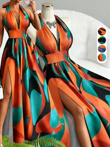 Printed Halter Long Dress, Deep V Neck Split Dress, Vintage Style, Sleeveless Backless, Beach Vacation, Summer New Arrival, Ff2608