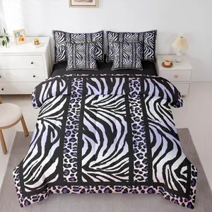 Zebra and Leopard Print Comforter Set with Sheets 7 Piece Purple Black Zebra Bedding Set for Kids Boys Girls Animal Print Bed in a Bag Room Decor Soft Lightweight Microfiber