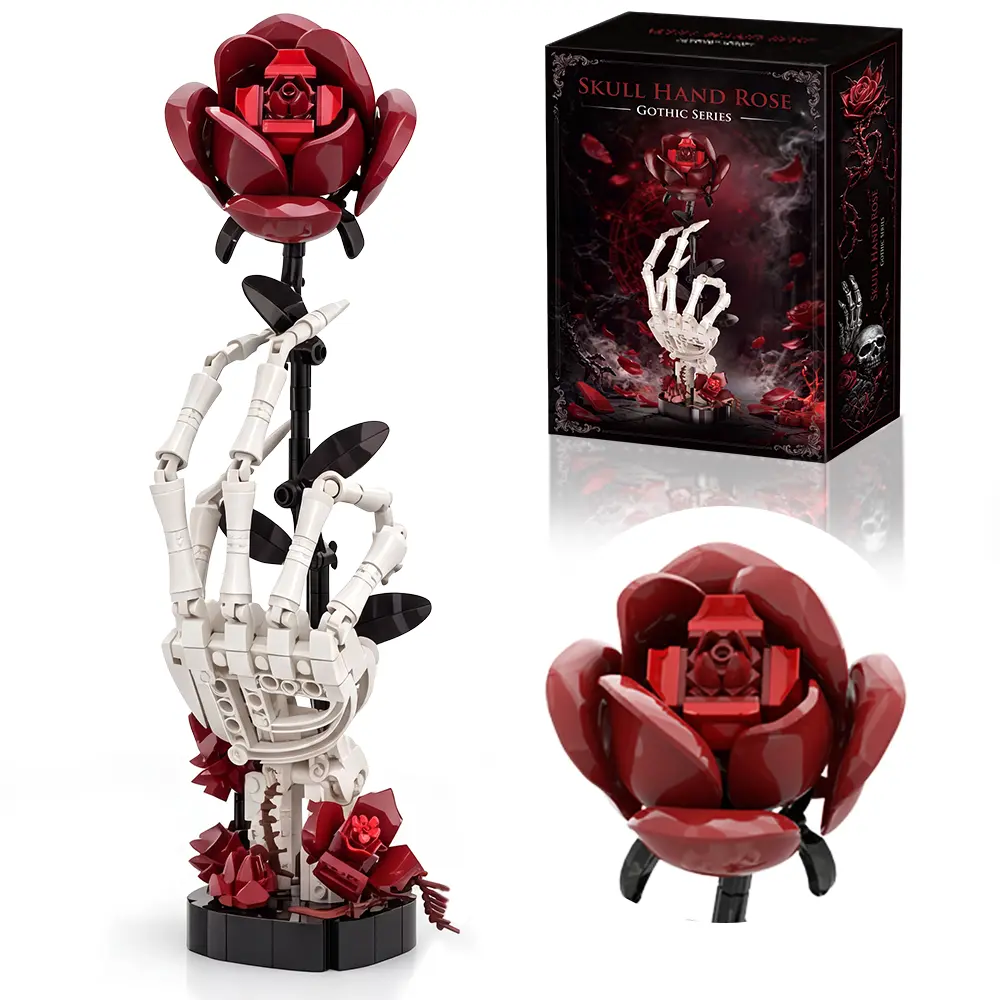 Skull Hand Rose Building Set, 357-Piece Gothic Display Model | Skeleton hand holding a red rose creates a collectible flower model for desk, shelf, or gothic décor