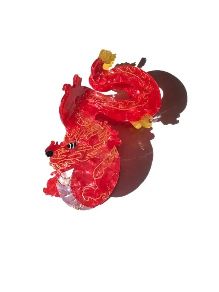 Hand-Painted Dragon Claw Clip for Thick Hair, Large Double-Sided Lunar New Year Design in Biodegradable Cellulose Acetate, Eco Friendly Products