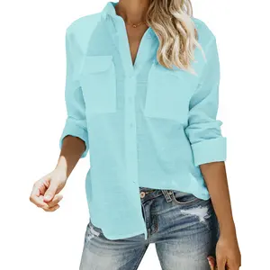 JEKAOYI Womens Oversized Roll Up 100% Cotton Button Down Long Sleeve Shirts V Neck Cuffed Sleeve Work Solid Blouse Tops with Pockets SpringStatements summerwins