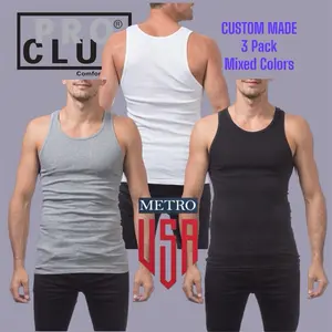 PRO CLUB Premium Ringspun Cotton Ribbed A-shirt Underwear Summer Top, 3 Pack Single color Streetwear Comfort Sleeveless Tshirt Basic Menswear Man