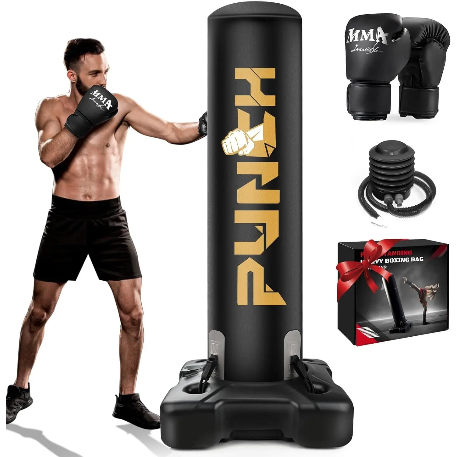 Heavy Boxing Bag with Stand for Adult Teens, Freestanding Inflatable Punching Bag with Gloves, Men Women Stand Kickboxing Boxing Set for Martial Arts MMA Home Gym Exercise Training Equipment
