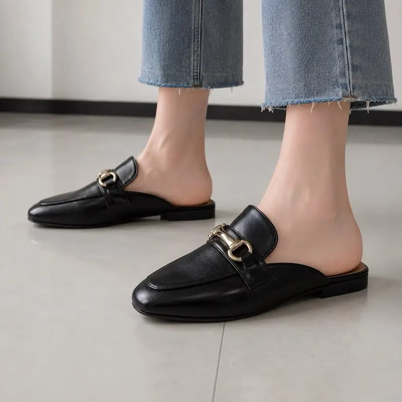 Women's Flat Synthetic Loafers - Gold Buckle PU Leather Mules, Round Toe, Pull On, Plain Design, Casual Comfortable Everyday Wear, Summer Workwear, Slip On, Classic, Chic