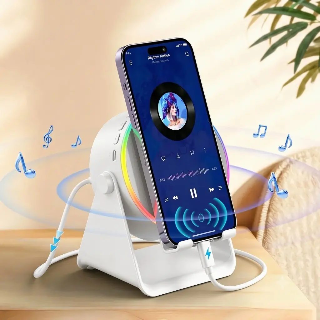 SummerWins Magnetic Wireless Induction Audio Speaker Stand, 5-in-1 Cellphone & Tablet Holder, 3500mAh Rechargeable Emergency Power Bank, 360° Adjustable, with Colorful Ambient Light, Gifts for Men Women