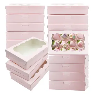 30PCS Cookie Boxes, 7x4.3x1.5 Inches Pink White Bakery Boxes with Window Cupcake Containers for Gift Giving, Treat, Dessert, Strawberries,Muffins Bakeware