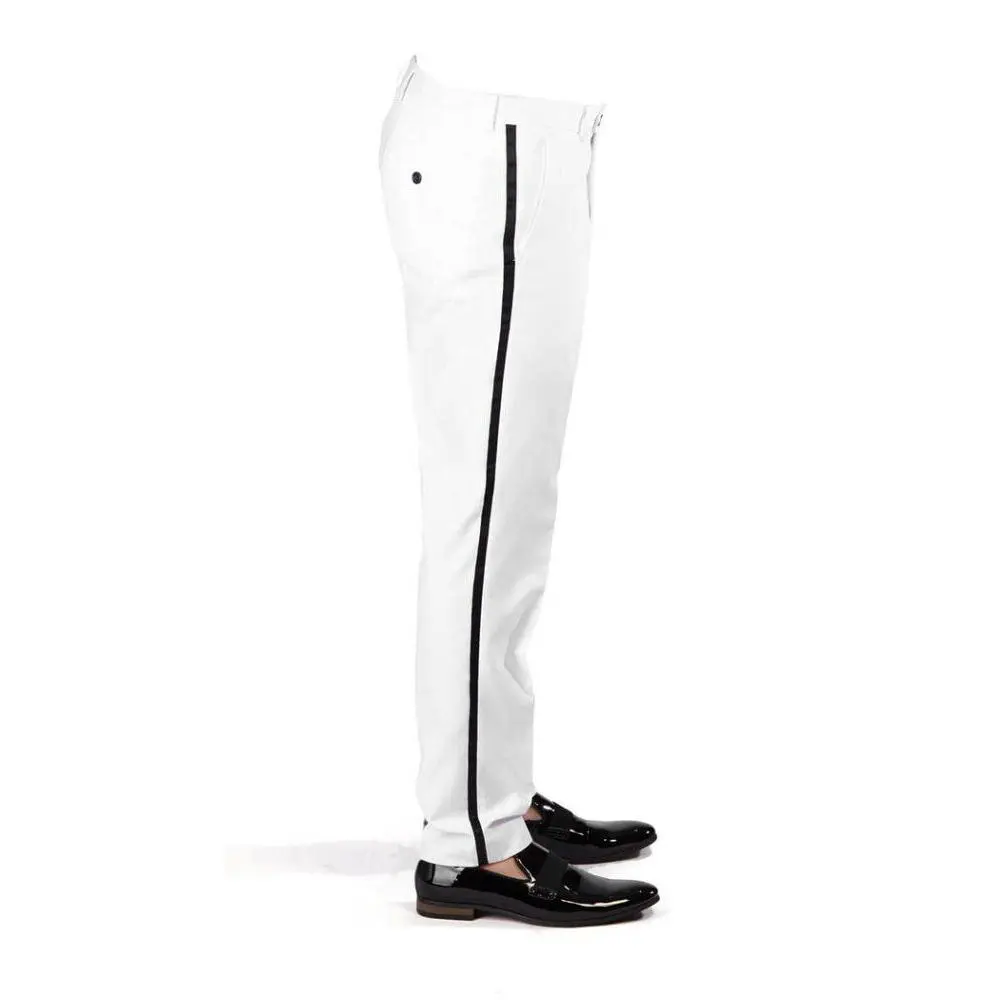 Slim Fit White Mens Tuxedo Pants With Black Satin Side Line Slacks Trousers Formal Wedding Prom By AZARMAN