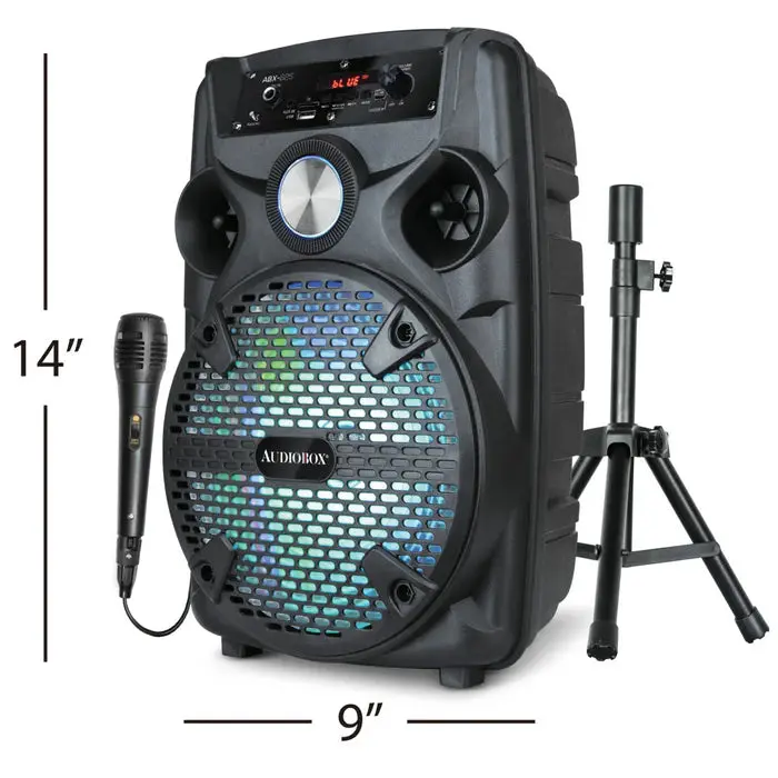 Audiobox ABX-82S Portable PA Speaker with LED Light, Lithium-Ion Rechargeable Battery, Bluetooth, Auxiliary Input, Multiple Inputs, Wired USB Cable, Remote Control & Power Support