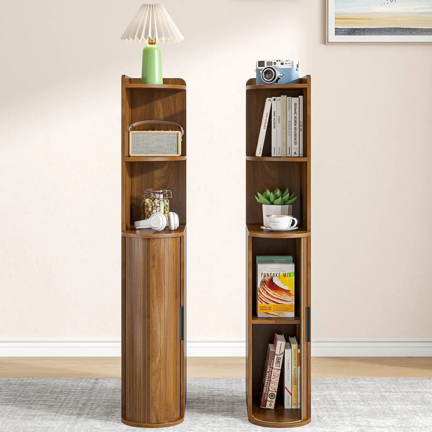 Tall Narrow Nightstand, 2 Set Side Table, Corner End Table for Small Space, fluted design,7.8" width, 43" height, sliding door, open storage shelf, hidden storage, for bedroom, living room