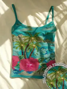 Summer Island Style Coconut Tree Floral Print Halter Top, Slim Fit Short Sleeve Shirt, Perfect for Beach Vacation, Music Festivals, Travel