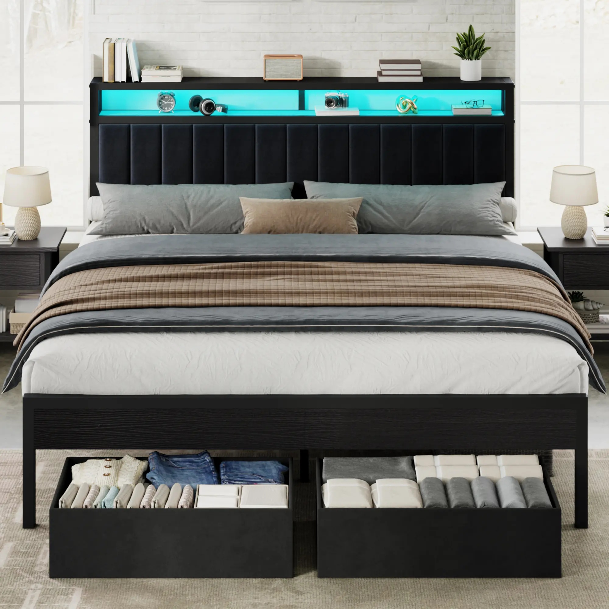 AMERLIFE Bed Frame with LED Light and 2 Storage Drawers, Metal Platform Bed with Storage Headboard, Velvet Upholstered, Heavy-Duty Slats, No Box Spring Needed, Easy Assembly[tiktokshopbacktoschool][SohoChic]