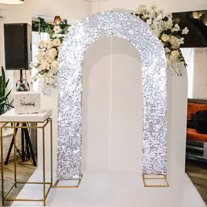 8ft Silver Big Payette Sequin Open Arch Wedding Arch Cover, Double-Sided U-Shaped Fitted Wedding Backdrop Slipcover