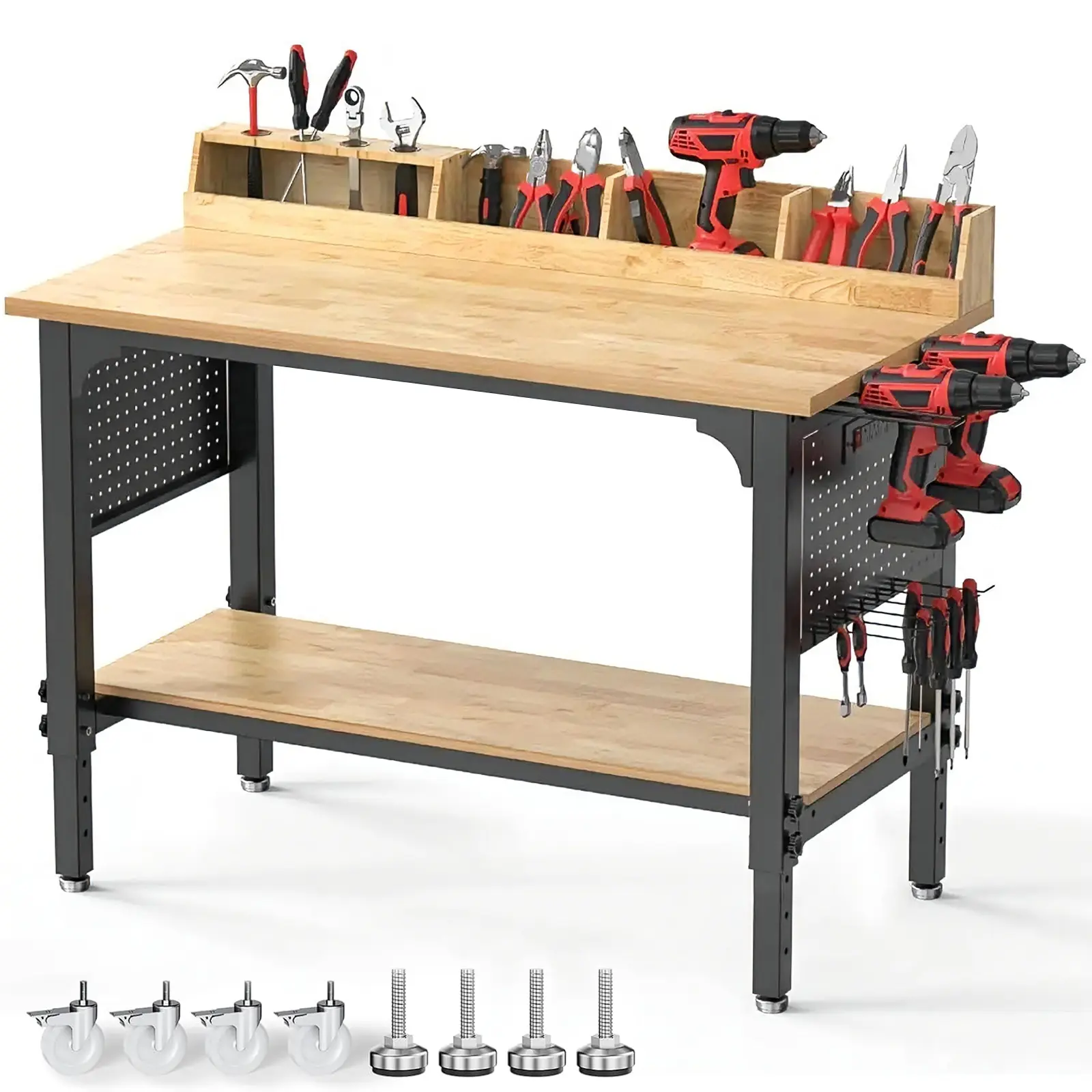 48 in Heavy-Duty Adjustable Height Workbench for Shop & Workshop Users, with 6 Hooks on Pegs, 4 Slots for Tools, Power Outlet, Wheels, Cable Management, Storage Shelf, 2200 LBS Load Capacity, Multi-Compartment Tool Racks & Bars, Easy Assembly