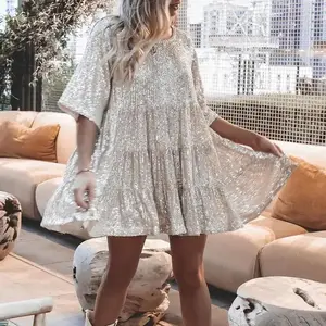 2025 New Direct Sale Fashion Sequin Round Neck Loose Waist Short Sleeve Dress Party Gown Casual Womenswear