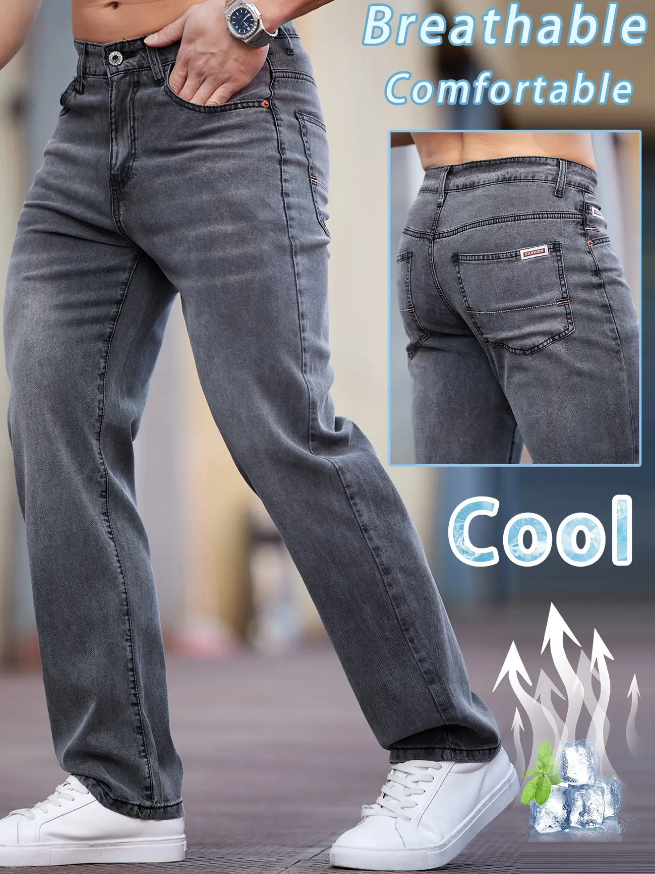 Men's Vintage Washed Pocket Denim Jeans, Classic Casual Jeans, Menswear, Loose Fit Straight Leg Casual Streetwear, Cool Breathable Embroidered Long Trousers for All-Season Pants