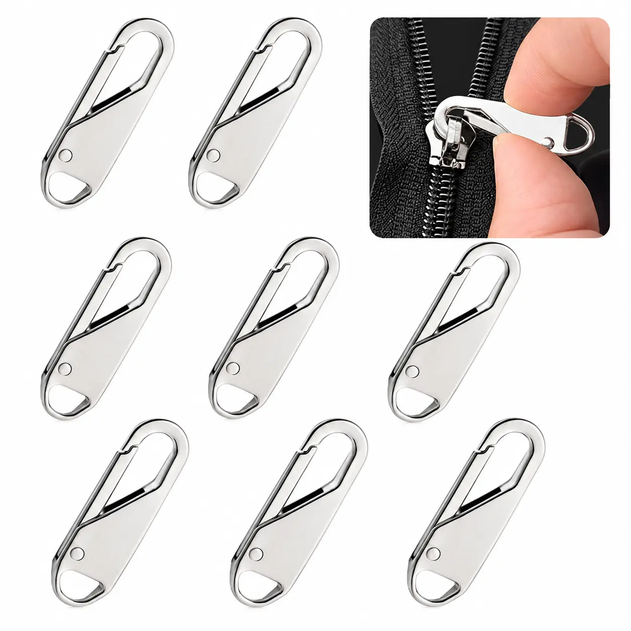 4/8 PCS Metal Zipper Pull Replacement Tabs, Silver Detachable Zipper Pulls with Clip-On Design for Jackets, Backpacks, Handbags, Luggage, Purses and Clothing, Practical Zipper Repair Accessories for Daily Use and Travel