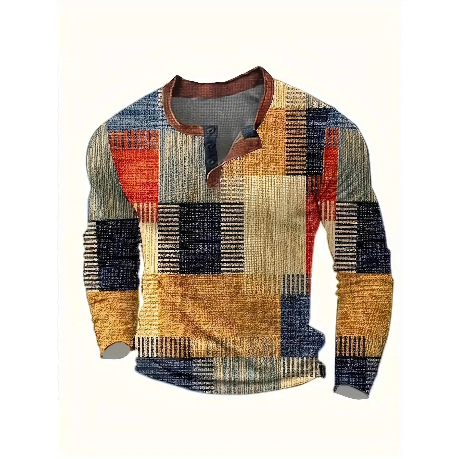 Men's Casual Geometric Pattern Henley Knitwear Shirt - Long-Sleeve Crew Neck Top, 100% Polyester Knit, Slight Stretch, Heat Transfer Print, Button Detail, Spring/Fall Wear