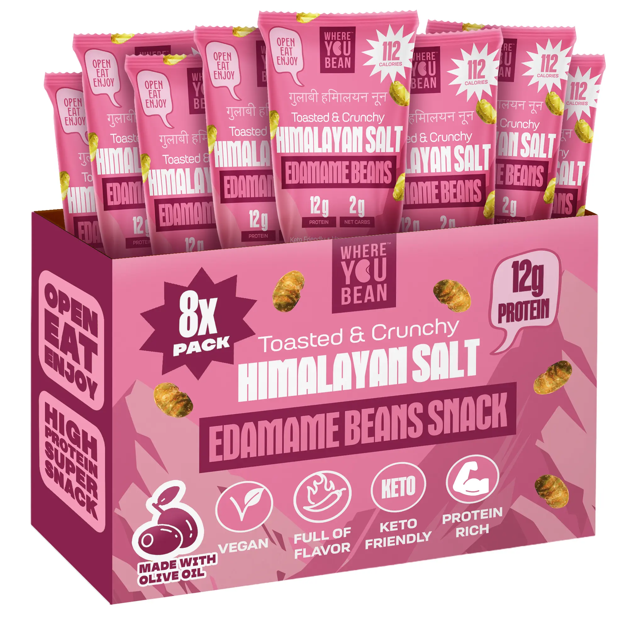 Where You Bean Himalayan Salt Crunchy Roasted Edamame Beans – 12g Protein, Low Carb, Keto Friendly Vegan Snack & High Fiber - Made with Olive Oil (8-Pack)