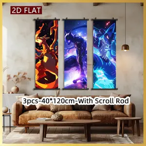[2D-Flat]3pcs Exquisite Posters Canvas Wall Art Anime Vibrant Cartoon Design Unframed Scroll Hanging Painting, With Scroll Ord Art Decor HD, Pattern for Living Room, Best Gift for Friends, Indoor-Outdoor Decor, Modern Home Decor, Ink HD Fade-Resistant Art
