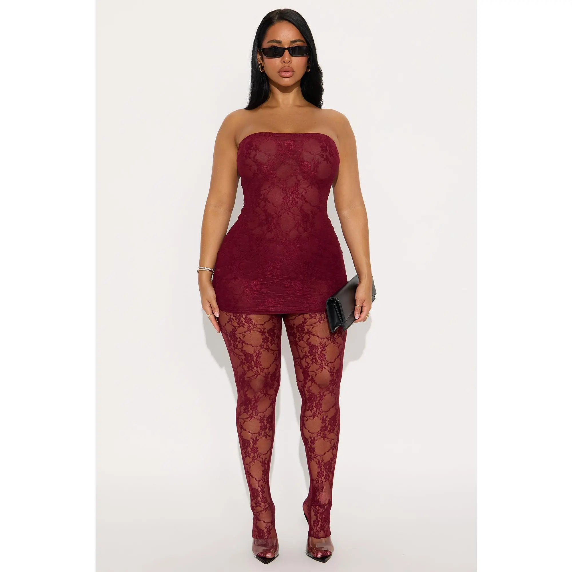 So Lovely Lace Micro Mini Dress Set - Burgundy
