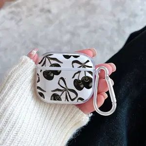 Black Cherry Pattern TPU Soft Protective Case for Apple AirPods 4/3/2/1/Pro/Pro2 Transparent Earphone Cover with Keychain Attachment