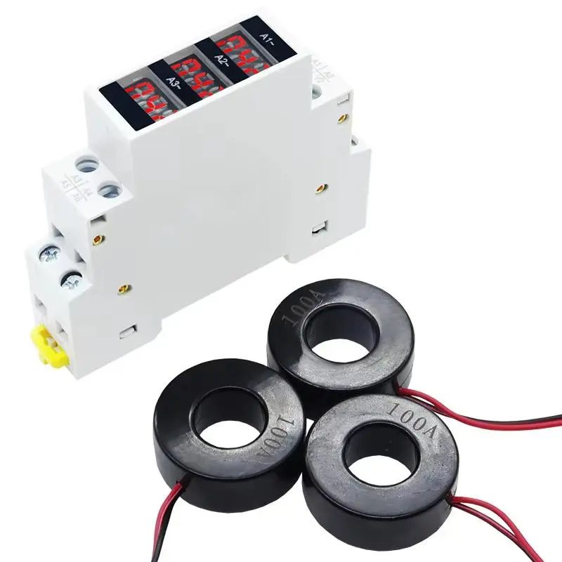 Industrial Din Rail 3-Channel AC Current Ammeter 3 Red LED Screen With 3pcs 100A Current Sensor Transformer