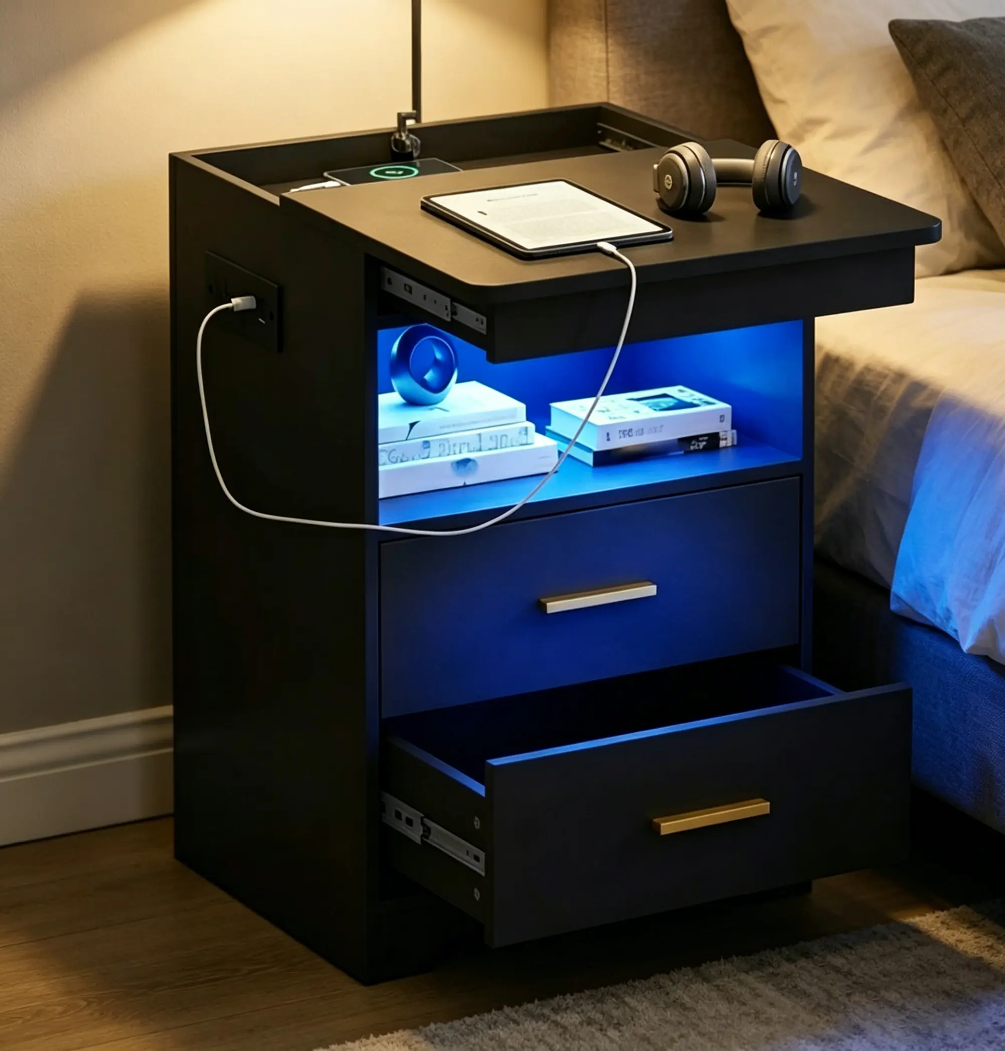 Modern Bedroom Nightstand Bedside Table - Black/White, 16-Color Adjustable LED, Hidden Drawer, Charging Station, Open Storage Home Organizer Storage Rack