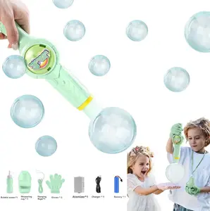 Elastic Smoke Bubble Machine for Kids - Rechargeable Magic Bubble Wand with Lights & Sound, Includes Gloves & Spill-Proof Cup, Safe Bubble Solution, Green & Pink