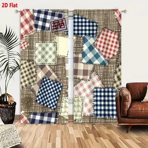 2D Flat Rustic Patchwork Checkered Curtain 2-Piece Set, Blue/Red/Brown/White Grid Patterns with Handmade Stitching, Light Yellow Subtle Gray Design Decor, Traditional Quilting Style Window Drapes for Living Room Bedroom