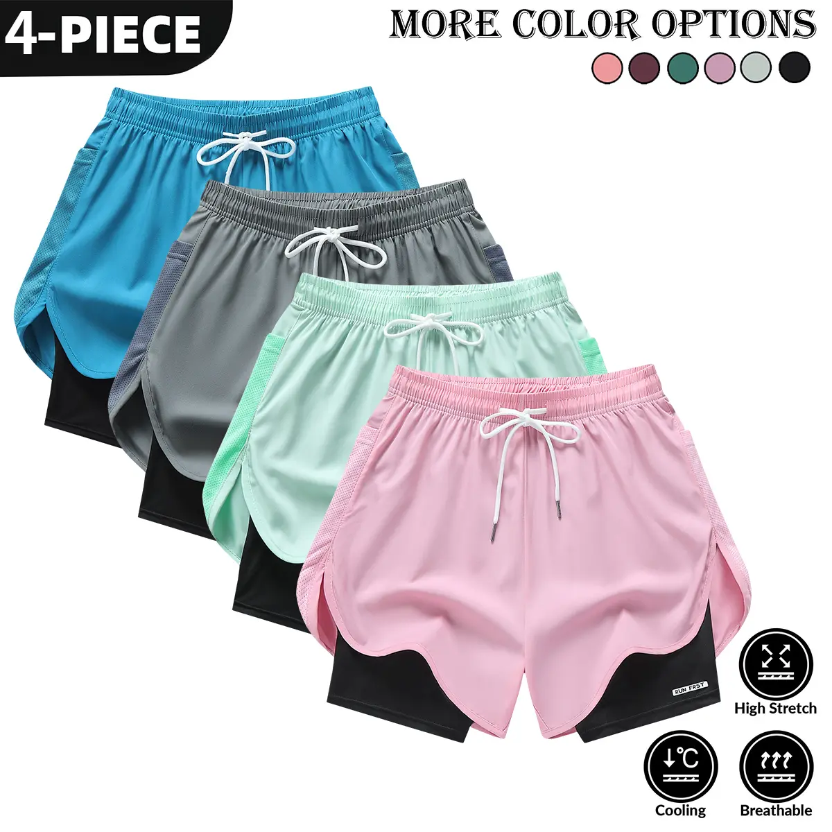 Women's 4-Pack Plain Athleisure Biker Shorts - Lightweight, Elastic Stretch Adjustable Fit Sportswear Bottoms with Elastic Waistband, Quick-Dry Fabric, Pockets, Suitable for Yoga, Running, Athleisure Shorts, Lightweight Shorts