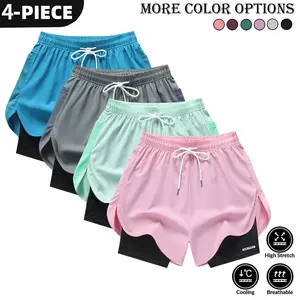 Women's 4-Pack Plain Athletic Elastic Stretch Adjustable Fit Shorts - Sportswear Bottom with Elastic Waistband, Quick-Dry Fabric, Pockets, Suitable for Yoga, Running