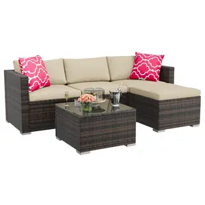 5 Piece Patio Furniture Set, Outdoor Sectional Sofa with Khaki Cushions, Brown Wicker L-Shaped Couch and Red Throw Pillows, Glass Coffee Table Included for Backyard Porch Poolside