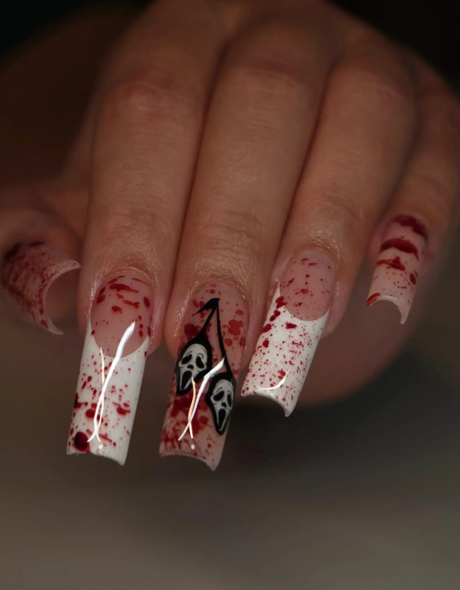 Blood Splatter Halloween Press On Nails, Scream Ghost Face Halloween Nails, White & Red Gore Nail Art, Square Scary Press On Set
