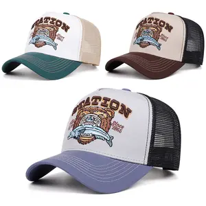 Cartoon Animal Embroidery Colorblock Curved Brim Trucker Hat Unisex Trendy Outdoor Breathable Hole Fishing Cap Acrylic Adjustable 55-64CM