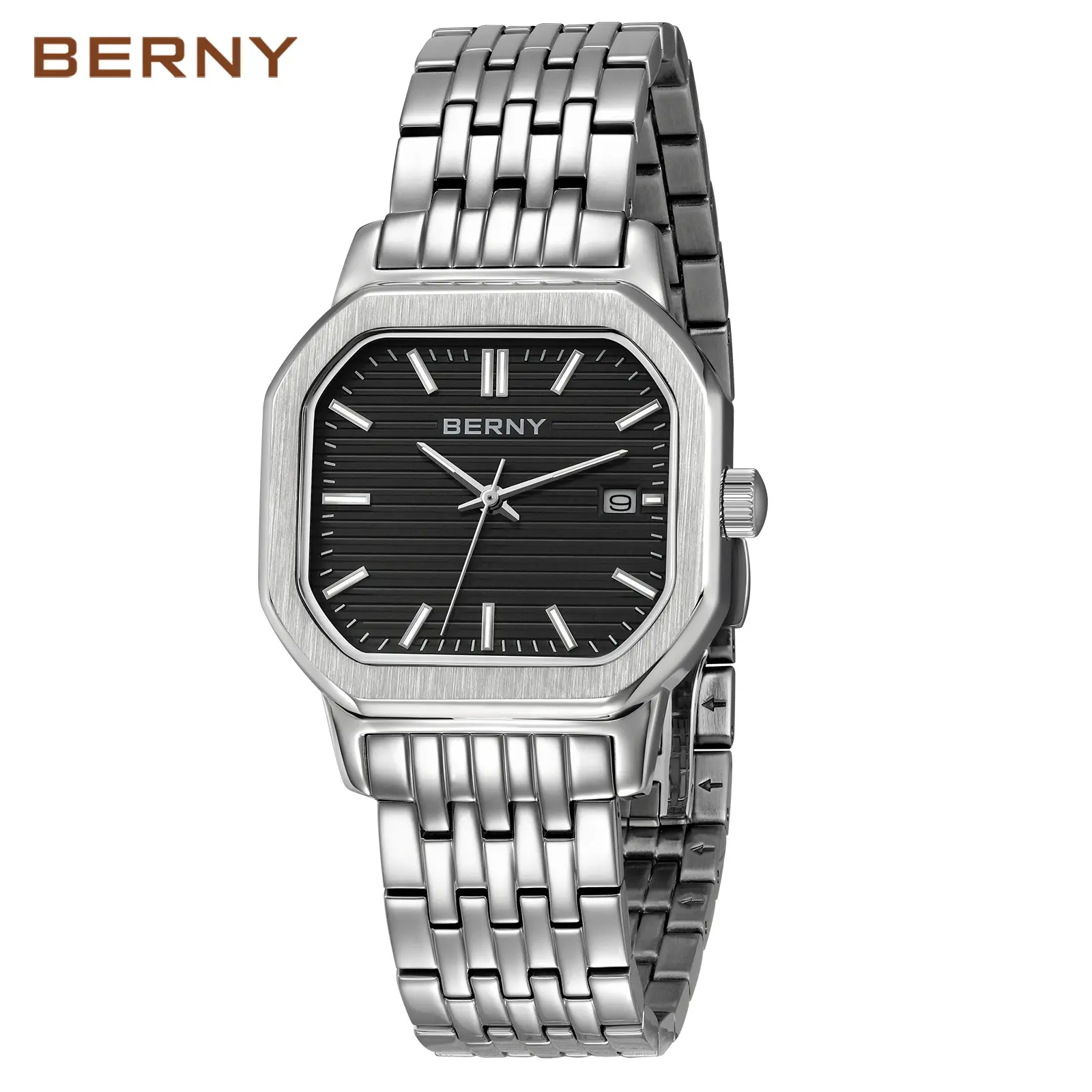 BERNY Men's Silver Watch – High-Quality Vintage-Style Square Quartz Wristwatch, All Stainless Steel, Super Luminous, 3ATM Waterproof, Stylish Business Men's Watch, Perfect Gift for Men, Reloj de Hombre, Father's Day, Summer Accessory