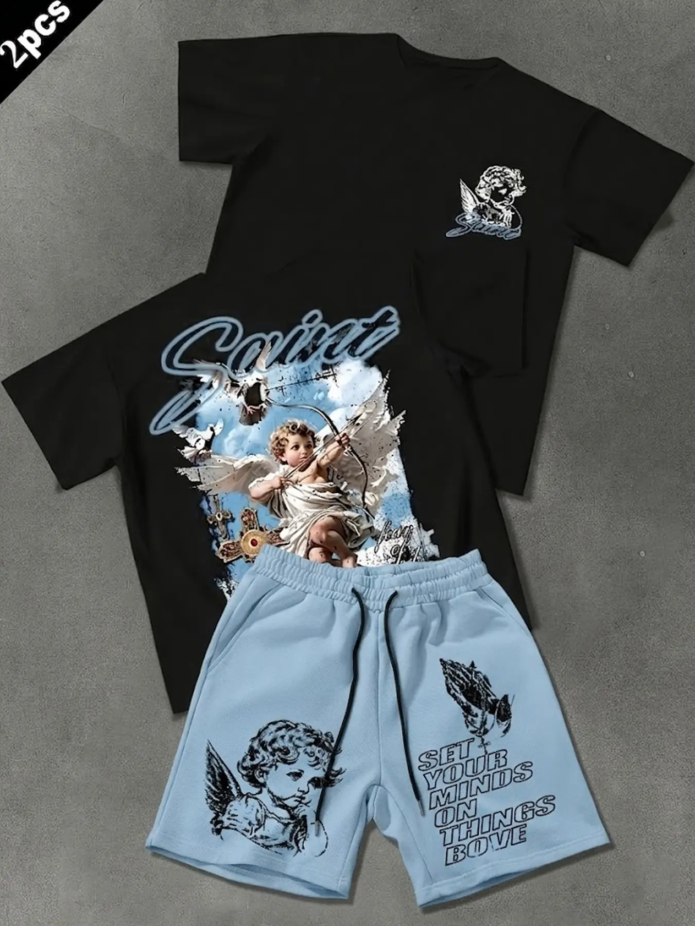 Y2K Aesthetic Angel Print Crewneck Round Neck T-Shirt & Shorts 2-Pack Matching Outfits Set, Loose Fit Casual Matching Sets, All-Day Comfort, Breathable Fabric, Versatile Streetwear Outfit for Men, Daily Wear, Street, and Gym