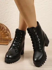 Women's British Style Boots, Chunky Heel High-Heeled Shoes, Cool Lacing Motorcycle Boots, New Low-Cut Zipper Knight Boots, Round Toe Boot