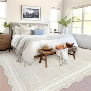 GARVEE Scalloped 9x12 Area Rugs for Living Room Modern Neutral Washable Rugs for Bedroom Large Solid Farmhouse Carpet Abstract Bordered Carpet for Bedroom Apartment Table Dorm Nursery, Cream 9x12