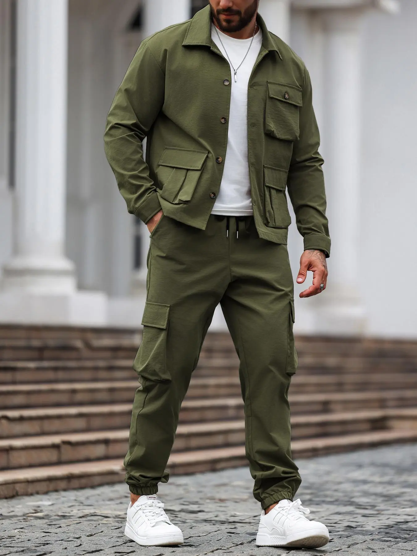 Men's Casual Long Sleeve Blouse Set, Comfortable Plain Fitted Top & Pants, Spring Fall Fashion Two-Piece, Lightweight Trendy Style, Pockets, Trouser, Outfit