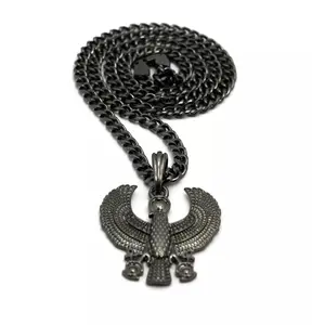 MaxBling81 Hematite Black Plated Egyptian Horus Bird Pendant & 5mm 24 in Box Cuban Chain & Link Long Hip Hop Necklace, Daily Unisex Costume Jewelry for Men