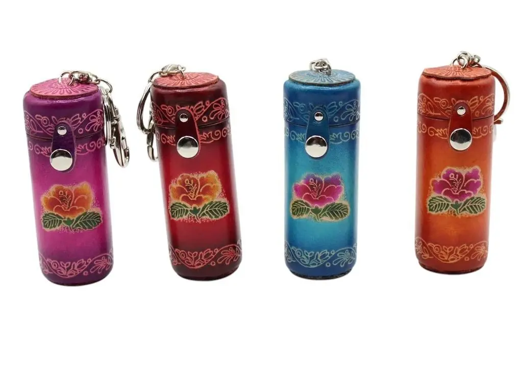 Genuine Handmade Cowhide Keychain Mini Embroidered Toothpick Case Genuine Leather Keychain Stylish Lipstick Holder Car Key Ring Pill Case with Snap Closure in Vibrant Colors