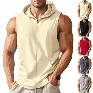 Summer Men's Hooded Zipper Solid Color Pocket Fitness Sports Simple Breathable Sleeveless Vest Men's