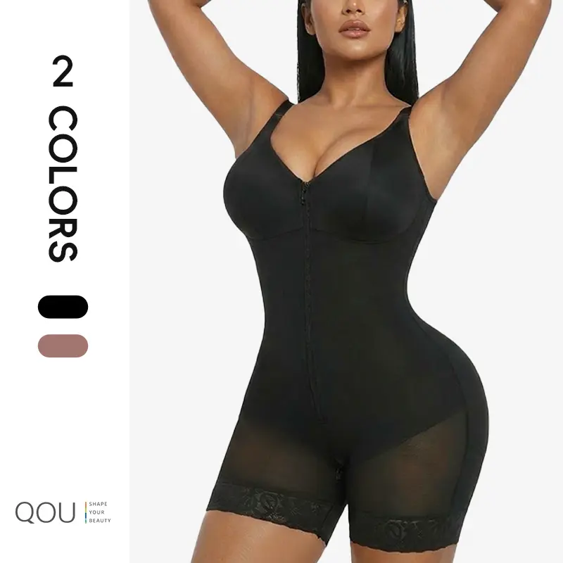 QOU Women's V-Neck Shapewear Bodysuit, Soft Compression Faja for Tummy Control & Butt Lifting with Zipper Crotch and Lace Leg Trim, Style, Bottom, Lady