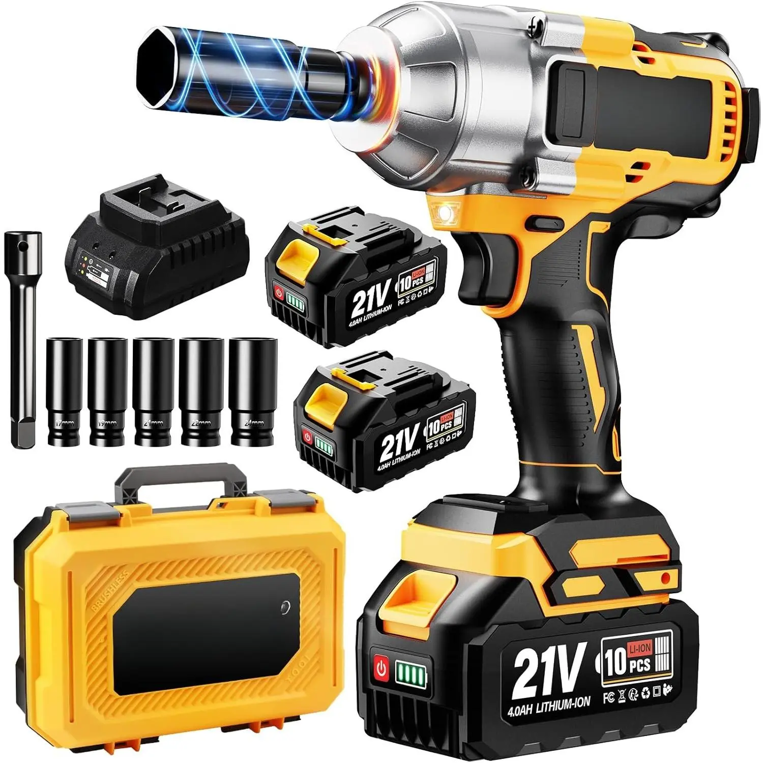 Brushless Power Wrench Full Kit, 1/2 Inch Drive, 1106Ft-lbs (1500N.m) High Torque, 3500RPM, 2x4000mAh Batteries, Charger, 5 Sockets (Incl.17mm), Car Repair Tools for Pickup Repair, Mower Maintenance