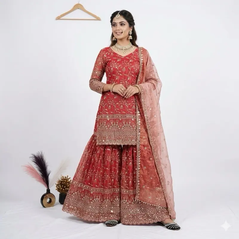 Gharara Dress Suit for Women, Chic Embroidered Party Wear with a Bold Kurta Look for Special Occasions, Lady